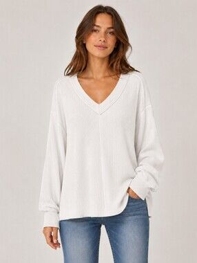 Aerie Oversized Waffle Knit V-Neck Sweater White L/XL